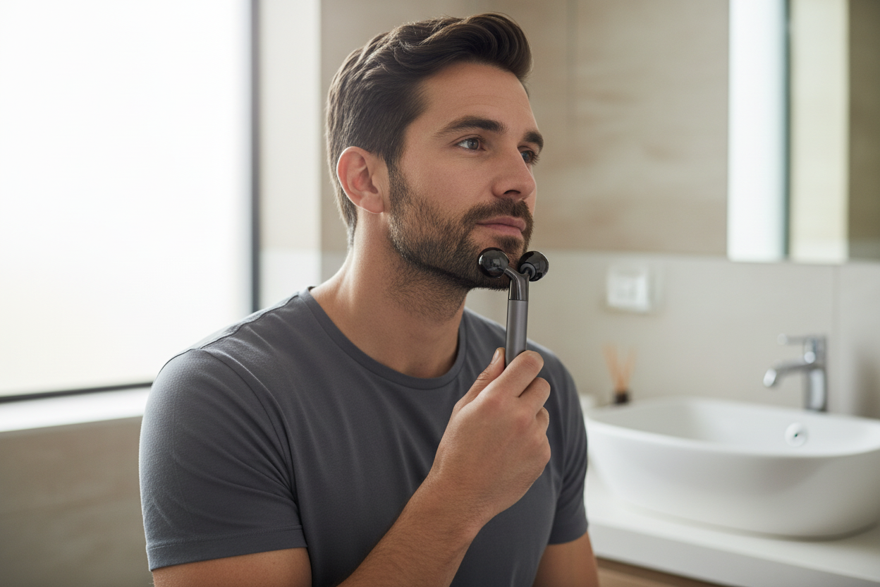 Hombre usando TITAN Vibrating Facial Roller en su rutina facial
